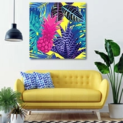 «Розовый ананас и синие экзотические растения» в интерьере современной гостиной с желтым диваном