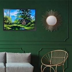 «Ферма у озера» в интерьере классической гостиной с зеленой стеной над диваном