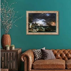 «Кораблекрушение в штормовом море» в интерьере гостиной с зеленой стеной над диваном