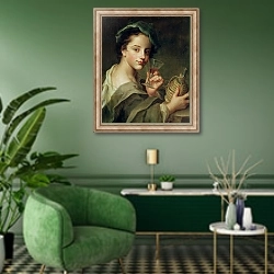 «Woman with a Glass of Wine» в интерьере гостиной в зеленых тонах