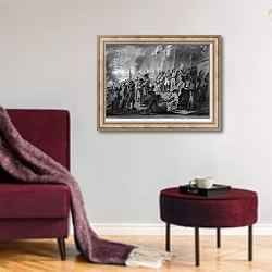 «Fire of Moscow in September 1812» в интерьере гостиной в бордовых тонах