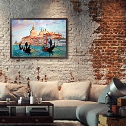«Венеция, акварель» в интерьере гостиной в стиле лофт с кирпичной стеной