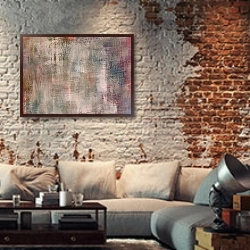 «Абстрактная картина #6» в интерьере гостиной в стиле лофт с кирпичной стеной