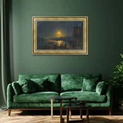 «Восход луны над бухтой Золотой Рог» в интерьере зеленой гостиной над диваном