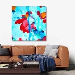 «Абстрактные цветы на голубом» в интерьере современной гостиной над диваном