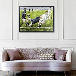 «Rugby Match: England v New Zealand in the World Cup, 1991, Rory Underwood being tackled» в интерьере гостиной в классическом стиле над диваном