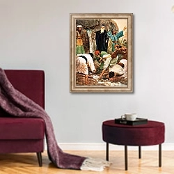 «Moses striking the rock» в интерьере гостиной в бордовых тонах