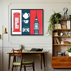«Лондон, символы Англии» в интерьере кабинета в стиле ретро над столом