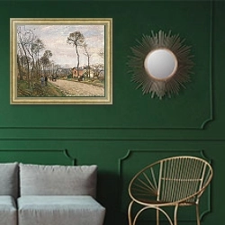 «The Road from Louveciennes, 1870» в интерьере классической гостиной с зеленой стеной над диваном