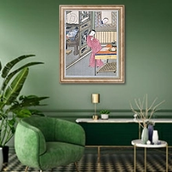 «A Man Surprises his Lover at the Window» в интерьере гостиной в зеленых тонах