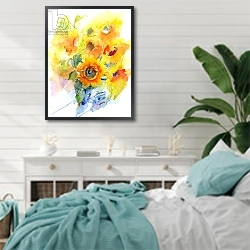 «Sunflowers in vase, 2016» в интерьере спальни в стиле прованс с голубыми деталями