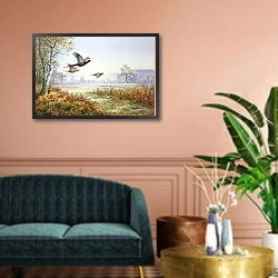 «Pheasants in Flight 1» в интерьере классической гостиной над диваном