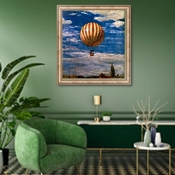 «The Balloon, 1878» в интерьере гостиной в зеленых тонах
