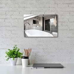 «Элегантный чёрно-белый интерьер ванной комнаты» в интерьере современного офиса с белой кирпичной стенкой