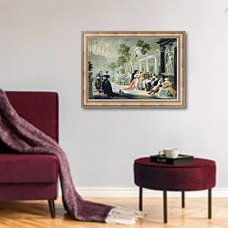 «Generic garden scene, 1600» в интерьере гостиной в бордовых тонах