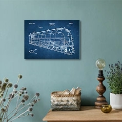 «Патент на локомотив, 1939г» в интерьере в стиле ретро с бирюзовыми стенами