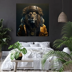 «Лев в дождевике» в интерьере современной спальни с черными стенами