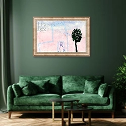 «My Castle, A Seagull and A Cyprus Tree, 2005,» в интерьере зеленой гостиной над диваном