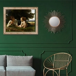 «Temptation, 1880» в интерьере классической гостиной с зеленой стеной над диваном
