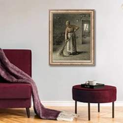 «A Farmer's wife sweeping, 1867» в интерьере гостиной в бордовых тонах