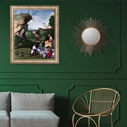 «Дань поэту» в интерьере классической гостиной с зеленой стеной над диваном