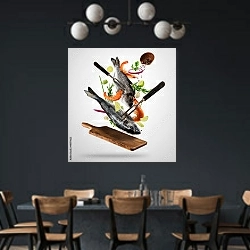 «Летающая сырая рыба и креветки» в интерьере столовой с черными стенами