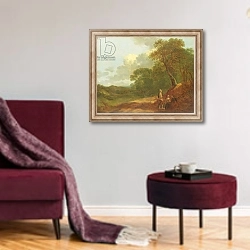 «Wooded Landscape with a Man Talking to Two Seated Women» в интерьере гостиной в бордовых тонах