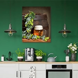 «Пиво 16» в интерьере кухни с зелеными стенами