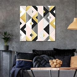 «Абстрактный геометрический узор с золотым блеском» в интерьере гостиной в стиле лофт в серых тонах