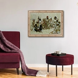 «Nine courtiers and servants of the Raja Patiala, c.1817» в интерьере гостиной в бордовых тонах
