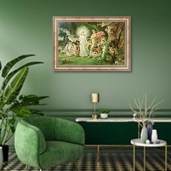 «Study for The Quarrel of Oberon and Titania, c.1849» в интерьере гостиной в зеленых тонах