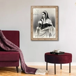 «Isabella I 'The Catholic', illustration from 'World Noted Women' by Mary Cowden Clarke, 1858» в интерьере гостиной в бордовых тонах