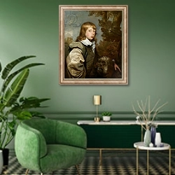 «Portrait of James Ward, 1779» в интерьере гостиной в зеленых тонах
