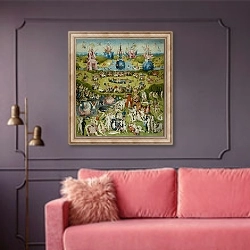 «The Garden of Earthly Delights: Allegory of Luxury, central panel of triptych, c.1500» в интерьере гостиной с розовым диваном
