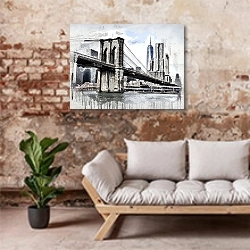 «Бруклинский мост в серых красках» в интерьере гостиной в стиле лофт над диваном