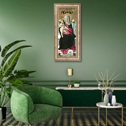 «Дева Мария с младенцем на троне» в интерьере гостиной в зеленых тонах