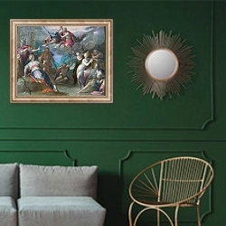 «Забавы богов» в интерьере классической гостиной с зеленой стеной над диваном