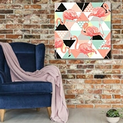 «Узор с фламинго» в интерьере в стиле лофт с кирпичной стеной и синим креслом