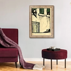 «A bourgeois fires from his window on a passerby, 1902» в интерьере гостиной в бордовых тонах