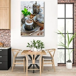 «Турецкий кофе с кардамоном» в интерьере кухни с кирпичными стенами над столом