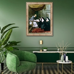 «St. Francois de Sales Giving the Rule of the Visitation to St. Jeanne de Chantal» в интерьере гостиной в зеленых тонах