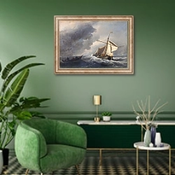 «Голландский корабль в сильный бриз» в интерьере гостиной в зеленых тонах