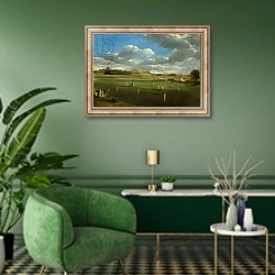 «Cricket Match at Edenside, Carlisle, c.1844» в интерьере гостиной в зеленых тонах