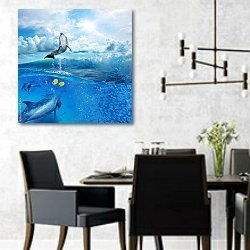 «Стая игривых дельфинов, плавающих под водой» в интерьере современной столовой с черными креслами