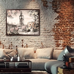 «Вид на Биг-Бен, сепия» в интерьере гостиной в стиле лофт с кирпичной стеной