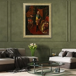 «Портрет Петра III 2» в интерьере гостиной в оливковых тонах