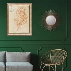 «Study of Lazarus and two Attendant Figure» в интерьере классической гостиной с зеленой стеной над диваном