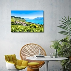 «Виноградники в регионе Лаво, Швейцария» в интерьере современной гостиной с желтым креслом