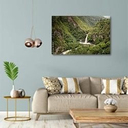«Эквадор. Вид на горный водопад» в интерьере современной гостиной с голубыми стенами