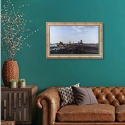 «Пейзаж с видом на Дордрехт» в интерьере гостиной с зеленой стеной над диваном